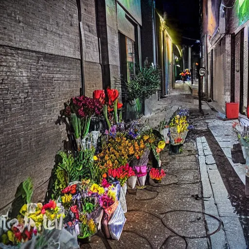 Image similar to Spawn selling flowers in an alley at night, by Todd MacFarlane