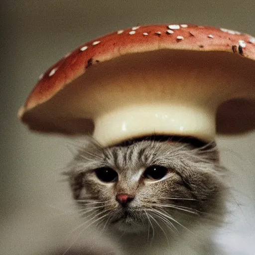 Prompt: a small domestic housecat with a broad mushroom growing atop its head