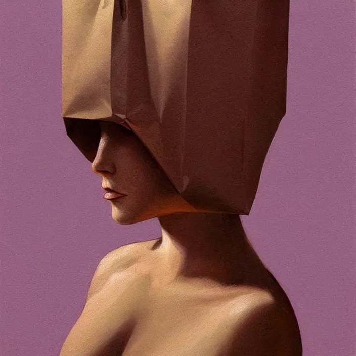 Image similar to woman portrait with a paper bag over the head and a sward, highly detailed, artstation, art by ilya kuvshinov, zdislav beksinski, wayne barlowe, edward hopper