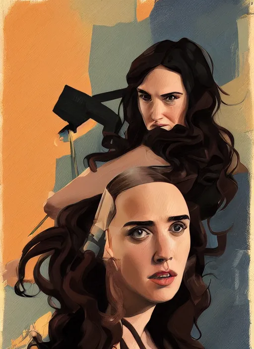 Image similar to detailed artwork by phil noto ; stylized painting of young jennifer connelly ; gal gadot ; eva green ; young jennifer connelly from the rocketeer ; brush texture ; asymmetric composition ; paint texture ; trending on artstation ; gallery painting by phil noto, comic style