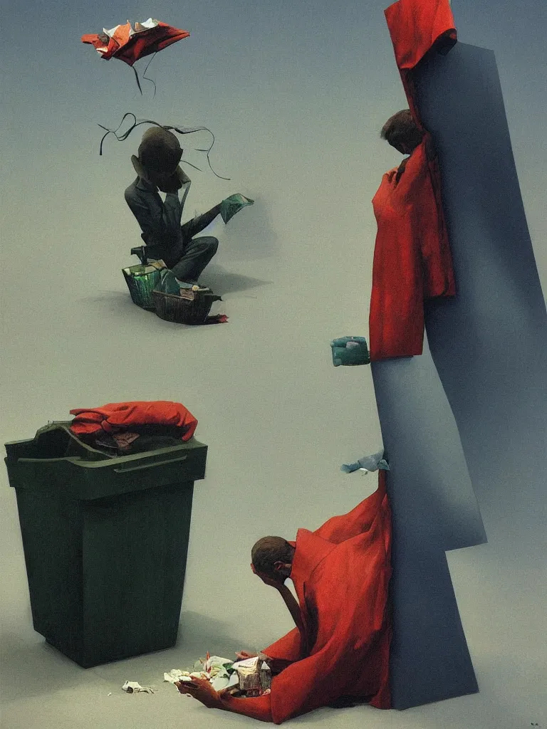 Image similar to magician with a trash over his head praying to a trash bin Edward Hopper and James Gilleard, Zdzislaw Beksinski highly detailed