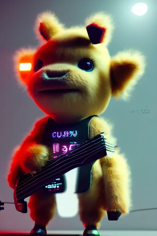 Image similar to high quality 3 d render very cute fluffy! cyborg cow plays guitar, cyberpunk highly detailed, unreal engine cinematic smooth, in the style of blade runner & detective pikachu, hannah yata charlie immer, moody light, low angle, uhd 8 k, sharp focus