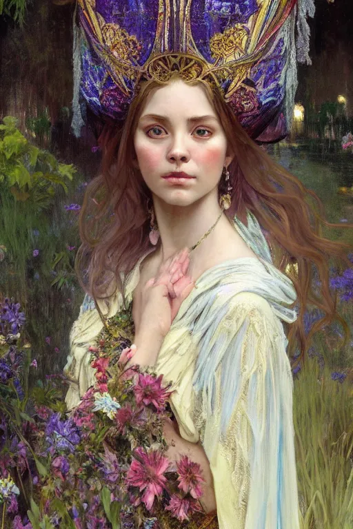 Image similar to hyperrealist portrait of a girl emperorit is decorated with long robes that fall like stars, an ostentatious palace and garden are seen in the background. by jeremy mann and alphonse mucha, fantasy art, photo realistic, dynamic lighting, artstation, poster, volumetric lighting, very detailed faces, 4 k, award winning