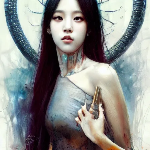 Image similar to jisoo of blackpink, snake, hyperrealistic portrait, bladerunner street, by karol bak and agnes cecile, album cover, fantasy art, photo realistic, dynamic lighting, artstation, poster, volumetric lighting, very detailed face, 8 k, award winning