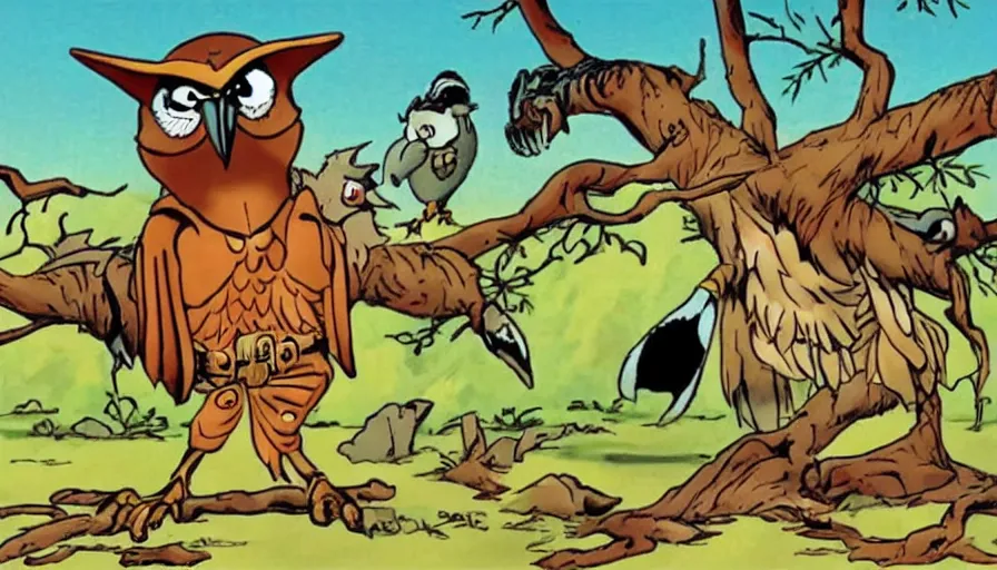 Prompt: saturday morning cartoon show The Lone Ranger as an owl animal, screenshot from 1990s animated show