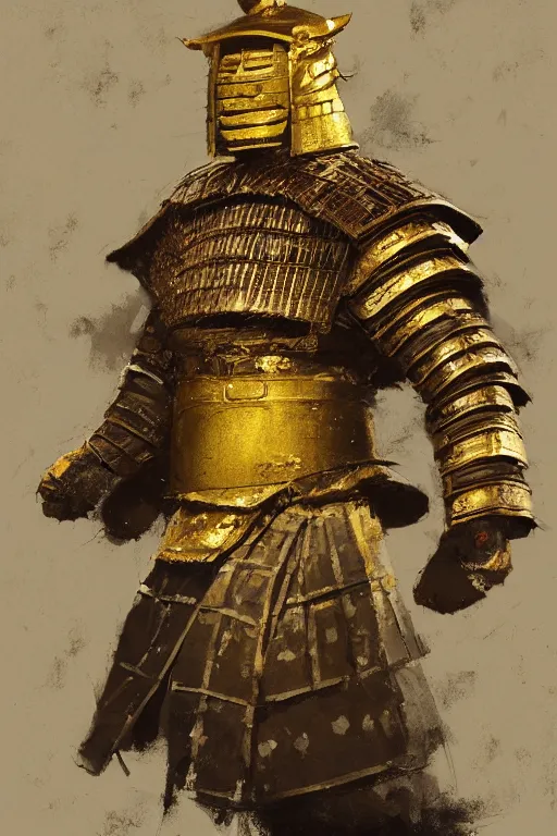 Prompt: portrait of an elderly samurai wearing golden armor, by Craig Mullins