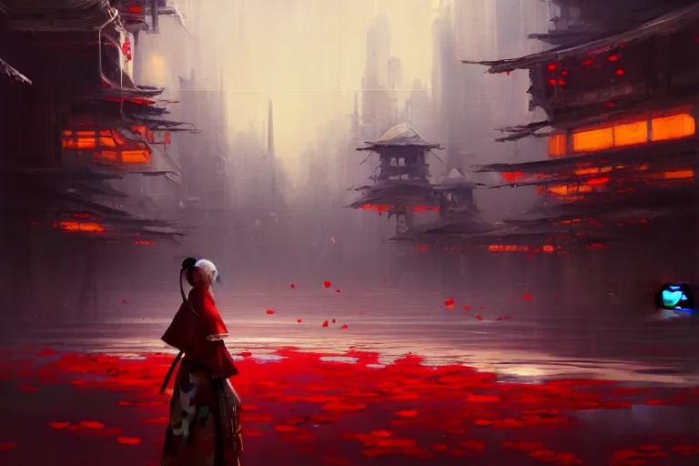 Image similar to baroque oil painting of anime key visual concept art of a samurai girl, red futuristic concrete cityscapes, falling petals, background moonlight, trending on artstation, palette knife and brush strokes, oil on canvas, style of makoto shinkai greg rutkowski studio ghibli