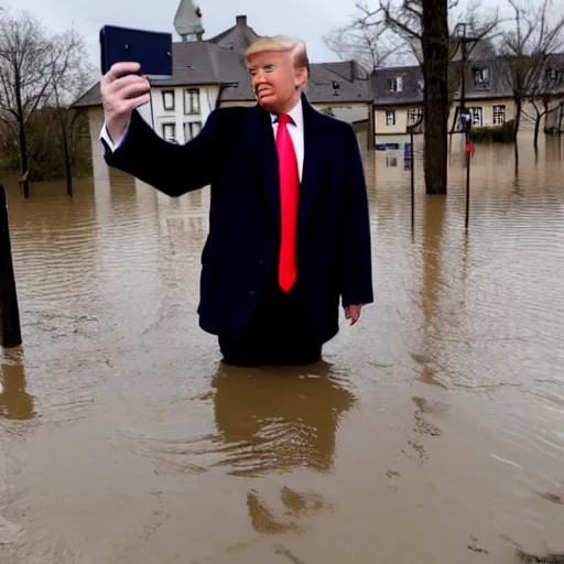 Prompt: Donald Trump taking a selfie in front of a flooded german town