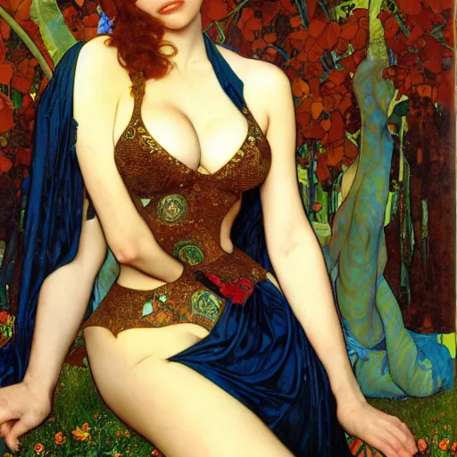 Image similar to Gianna Michaels photographed by Robert McGinnis and Julie Bell and Zeronis and alphonse mucha, background by James Jean and gustav klimt, 4k,