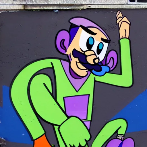 Image similar to waluigi crying, graffiti, photo