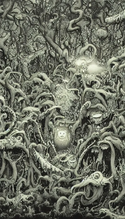 Image similar to a storm vortex made of many demonic eyes and teeth over a forest, by james jean,