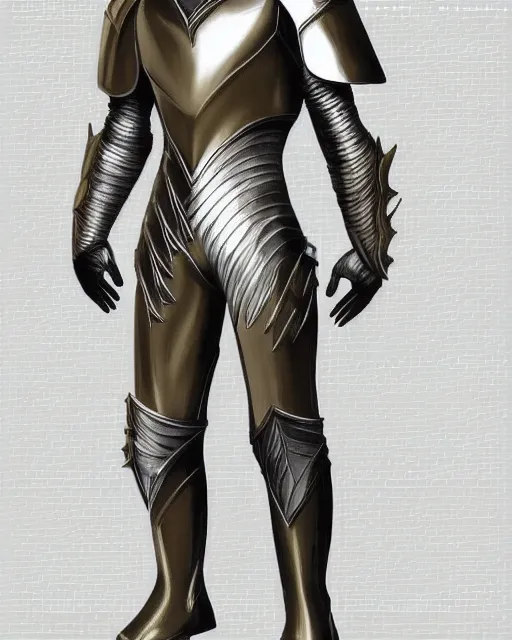 Prompt: suit of fantasy armor, shiny silver armor with gold trim, clean, flat shading, deviantart