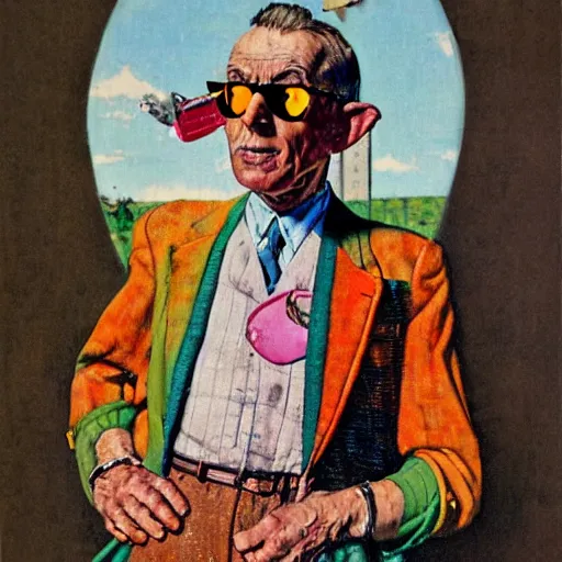 Prompt: a norman rockwell painting of a old - fashioned - humanoid - sheep wearing brightly colored cheap sunglasses and 3 - piece suit