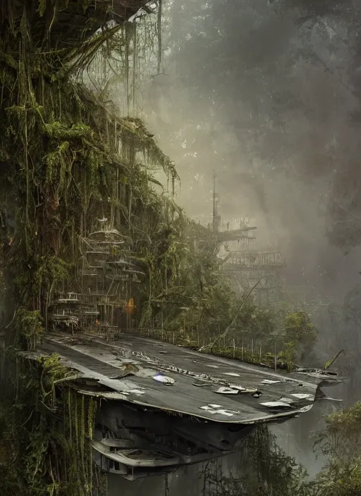 Image similar to decayed aircraft carrier USS Nimitz laying on the ground overgrown with vegetation and hanging vines, post appocalyptic, tropical forest, by Luis Royo, by Greg Rutkowski, dark, gritty, intricate, cover illustration, concept art, volumetric lighting, volumetric atmosphere, sharp focus, octane render, trending on artstation, 8k