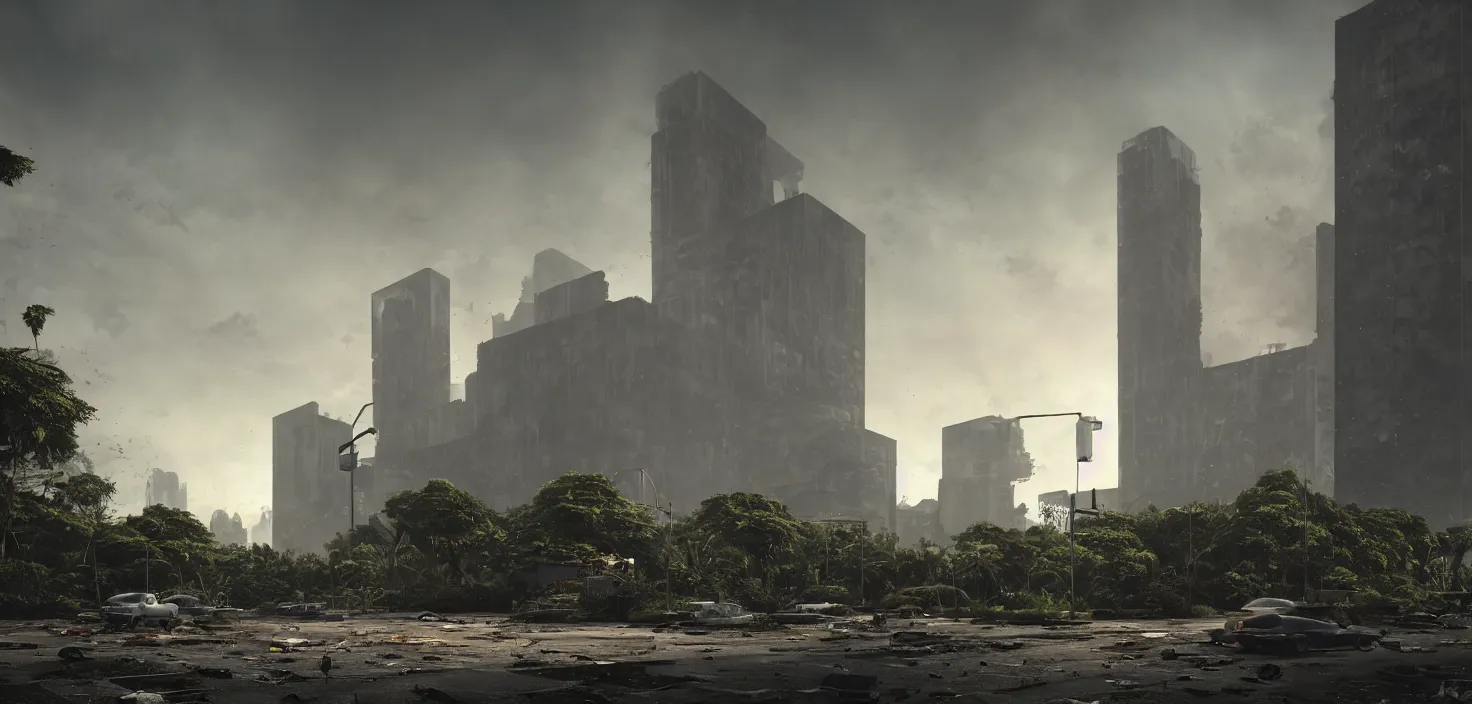 Prompt: ground level, cathedral, smooth brutalist architecture, abandoned, empty streetscapes, overgrown jungle, natural volumetric light, mist, sunset, rusted steel, concrete, glass, stunning skies, scattered rubbish and debris, 8 k, finely detailed, unreal engine, imax, cinematic, beautifully illustrated, sharp focus, minimal artifacts, doom, greg rutkowski, artstation