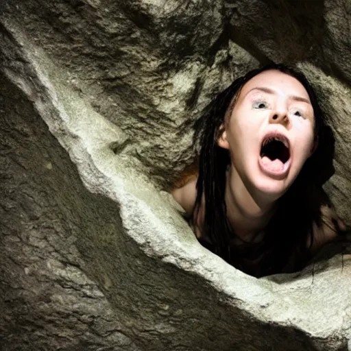 Image similar to photo inside a cavern of a wet reptilian humanoid rapper anime girl partially hidden behind a rock with black eyes open mouth and big teeth