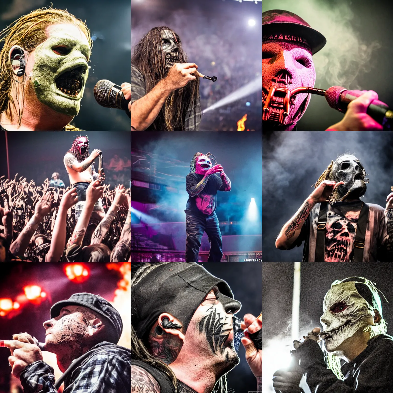 Prompt: a photo of a man smoking weed at a slipknot concert