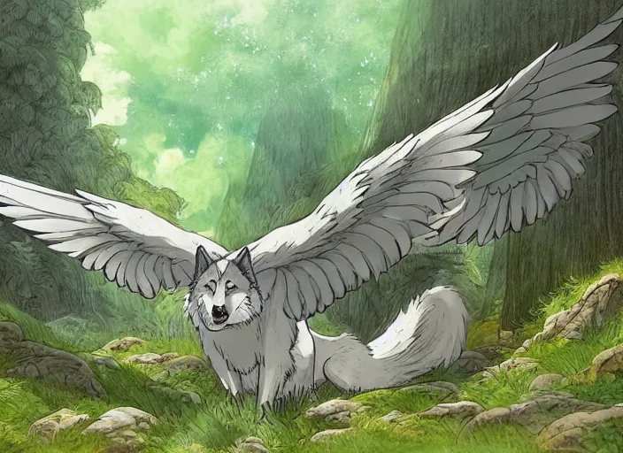 Prompt: a majestic beautiful wolf spreading his wings in a mythical forest next to a pathway, by ghibli studio and miyasaki, illustration, great composition...