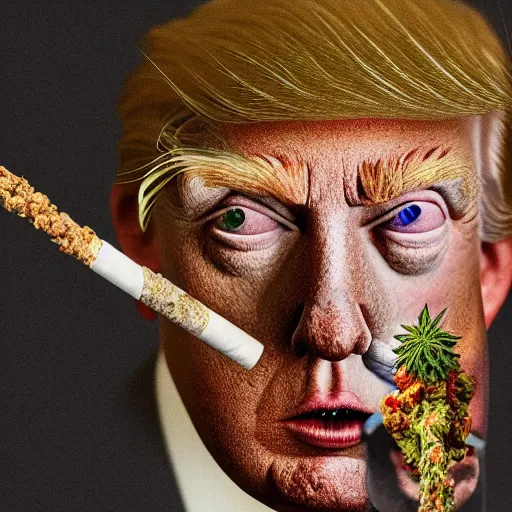 Image similar to close up photograph of very high on weed donald trump horse hybrid, stoner eyes, donald trump horse hybrid smoked weed, weed background, smoking a blunt, 8 k resolution