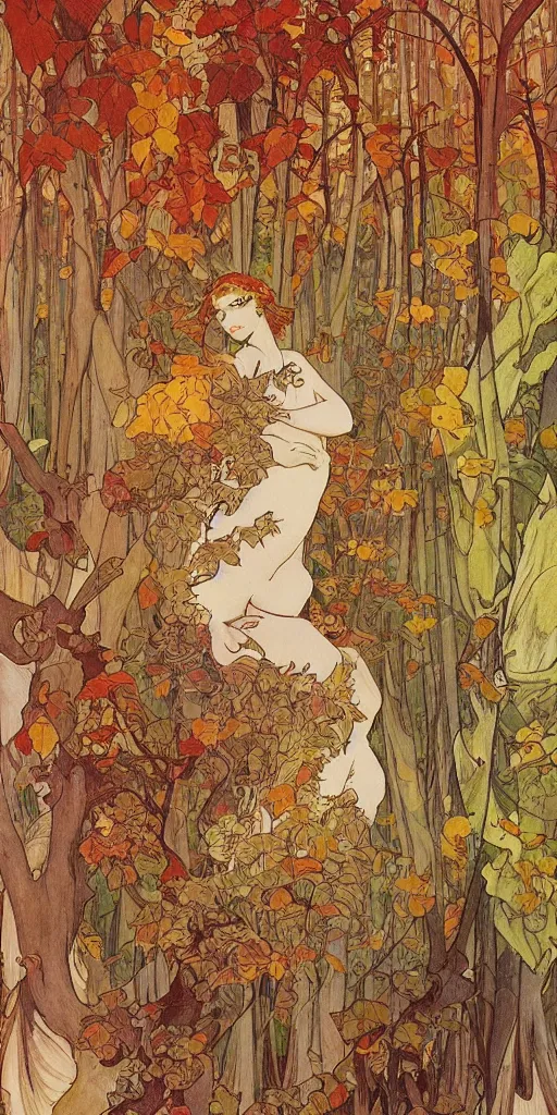 Prompt: a beautiful illustration of a forest in autumn, style of yoshitaka amano and alfons mucha