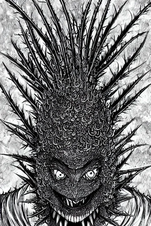 Image similar to thistle monster heavily armoured, symmetrical, highly detailed, digital art, needles, thorns, sharp focus, trending on art station, kentaro miura manga art style