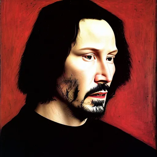 Image similar to portrait of keanu reeves, oil painting by jan van eyck, northern renaissance art, oil on canvas, wet - on - wet technique, realistic, expressive emotions, intricate textures, illusionistic detail