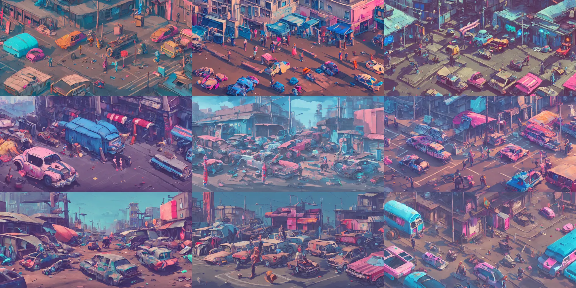 Prompt: game asset of street mess and junkyard, in gouache detailed paintings, props, stylized, 2 d sprites, kitbash, arcane, overwatch, blue and pink color scheme, 8 k, close up