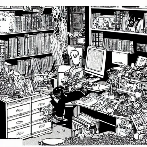 Image similar to goth nerd sitting at a computer in a cluttered room, by geof darrow, geof darrow art,