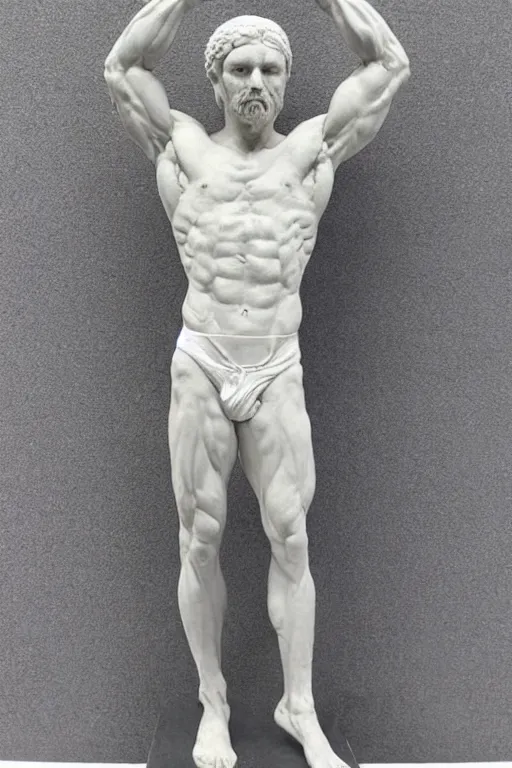 Prompt: hellenic marble sculpture of man in Adidas tracksuit, realistic human anatomy sculpture, detailed anatomy, perfect anatomy, intricate sculpture, chiseled muscles, godlike