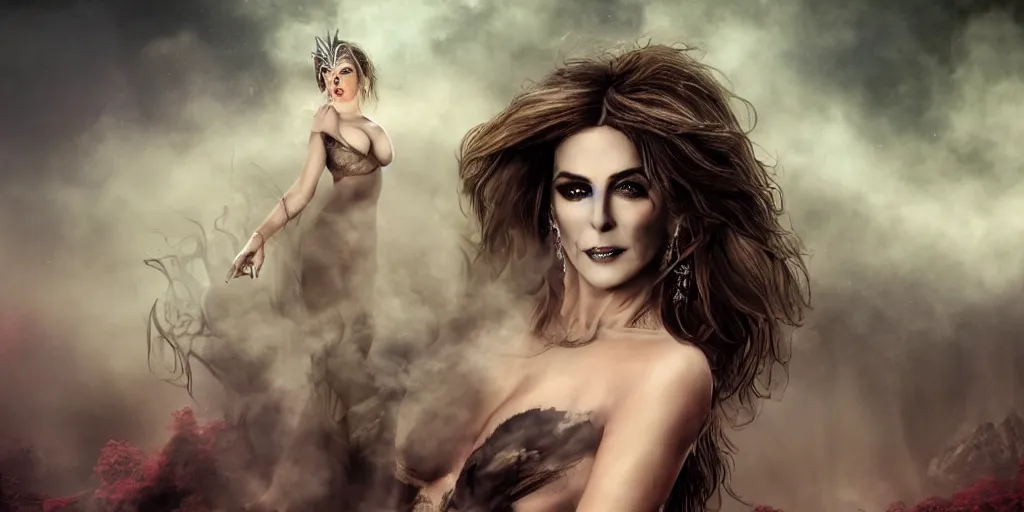 Prompt: a highly detailed matte painting of a gorgeous sultry evil dream woman dressed in smoke and appearing in a vision, elizabeth hurley, stephanie seymour, gayle hunnicutt, mathilda may, ominous, foreboding, dark, trending on artstation,