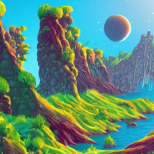 Image similar to illustration of a lush natural scene on an alien planet by matt johnson. beautiful landscape. colourful weird vegetation. cliffs and water.