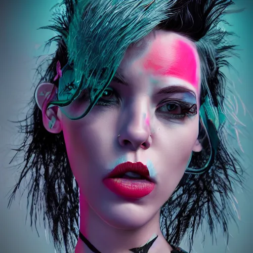 Prompt: punk women portrait made out of paint, short hair, octane render, highly detailed, realistic, tim burton and bob ross comic book art, matte painting, holographic, trending on artstation, cinematic, splashes of neon, sacred geometry in the background