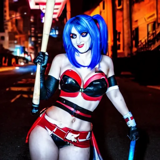 Prompt: Jessica Nigri as Harley Quinn on the street in Gotham City at night, holding a baseball bat