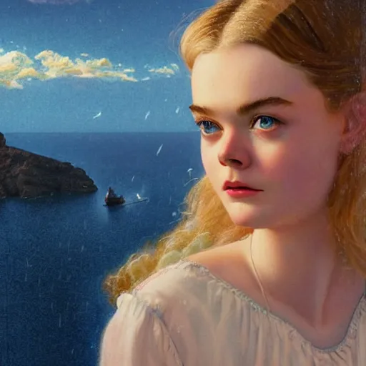 Image similar to Elle Fanning in Santorini at night, head and shoulders portrait, stormy weather, extremely detailed masterpiece, Roger Deakin’s cinematography, illustration, by Norman Rockwell,