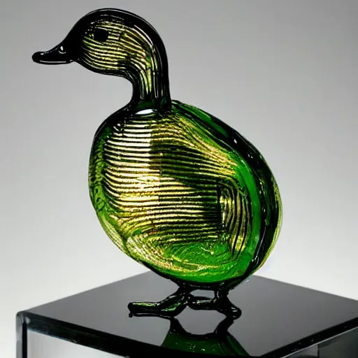 Prompt: A transparent sculpture of a duck made out of glass