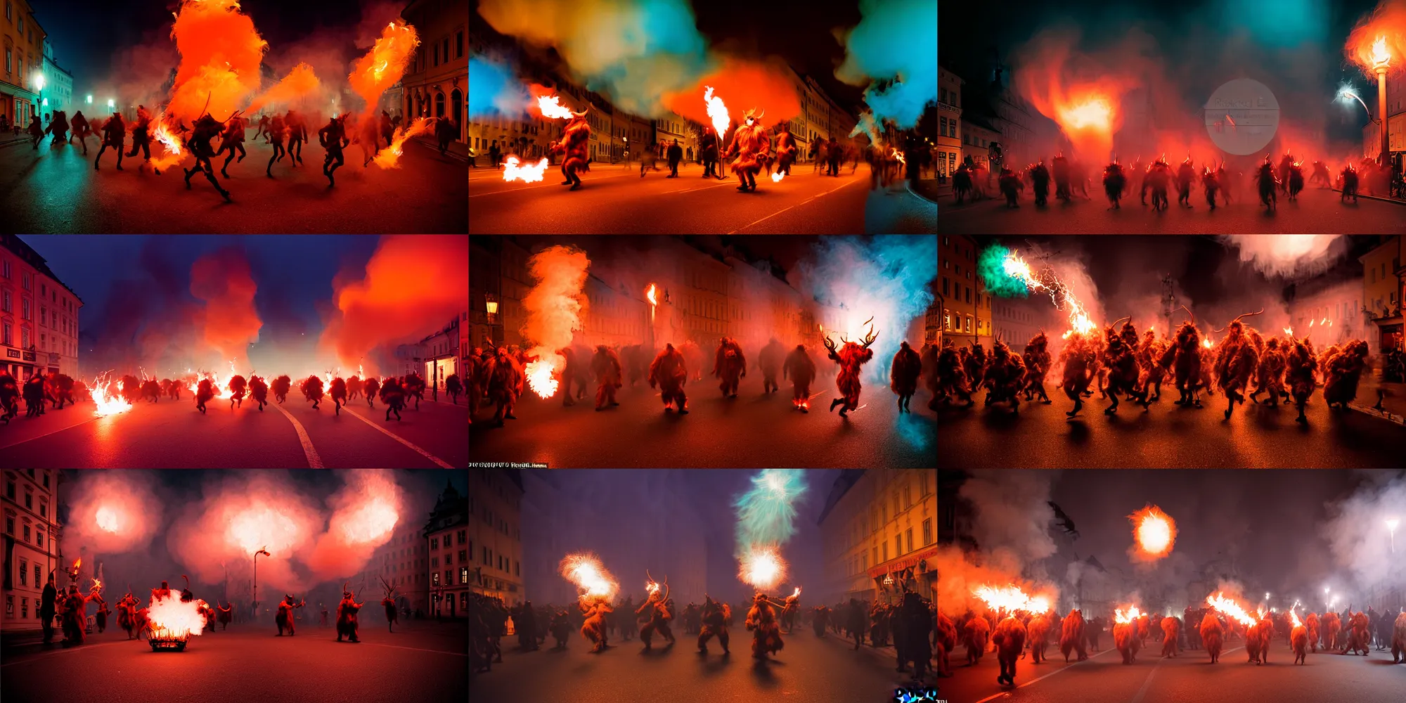 Prompt: kodak portra 4 0 0, award winning dynamic vivid atmospheric photograph of hundreds of hazardous krampus, pelzebug, devils, by robert capas, in muted colours, striped orange and teal, motion blur, on a street in salzburg at night with colourful exploding pyro fire and torches, running fast towards the camera