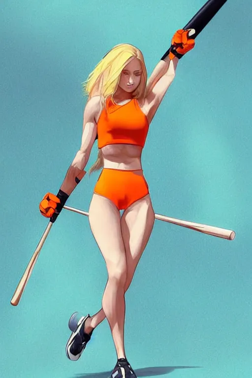 Image similar to a beautiful, very fit woman with long blonde hair wearing a short white crop top and short orange athletic shorts stands by a swimming pool, flexing with a baseball bat, face forward, in the style of artgerm, trending on artstation