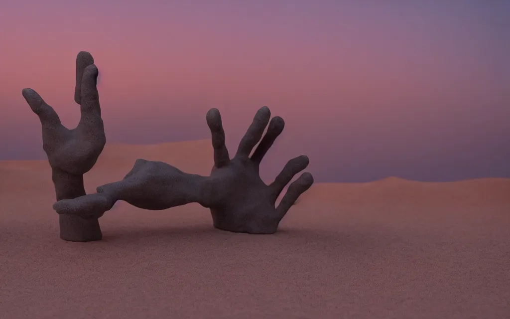 Image similar to sci-fi scene of a HAND sculpture made of silicone, standing at the center of a desert in the twilight