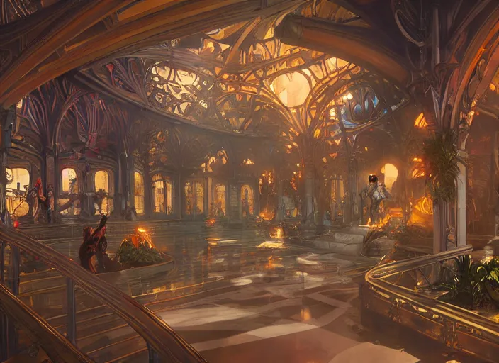 Image similar to arcane themepark interior designed by todd white, rendered by artgerm and greg rutkowski and alphonse mucha