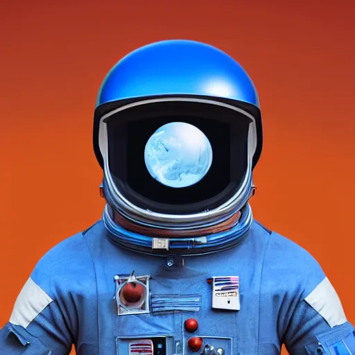 Prompt: blue helmet astronaut on a enormous orange, artstation, ultra realistic, by raphael lacoste and danny villneuve