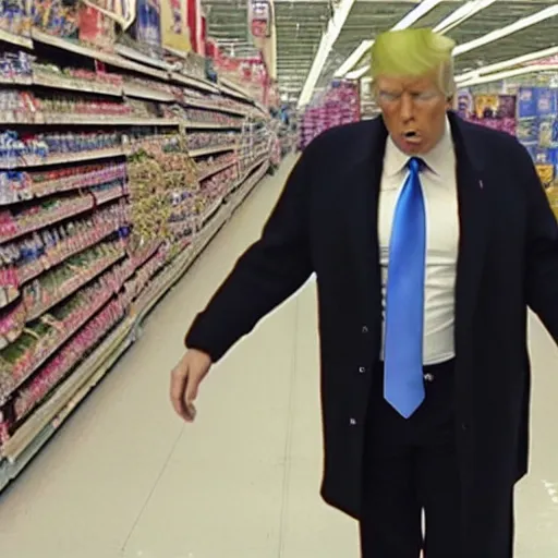 Prompt: photograph of zombie donald trump shopping at walmart in the bronx, movie still, 4 k