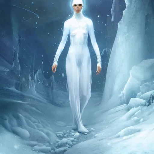 Image similar to a hyperrealistic illustration of a human in the Arctic, white long clothes, snow on the body, blue transparent ice with fractal sunlight, award-winning, masterpiece, in the style of Tom Bagshaw, Cedric Peyravernay, Peter Mohrbacher