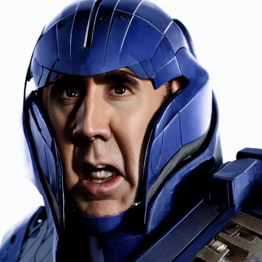 Image similar to Nicolas Cage wearing Powered Combat Suit in Starcraft, promo shoot, studio lighting