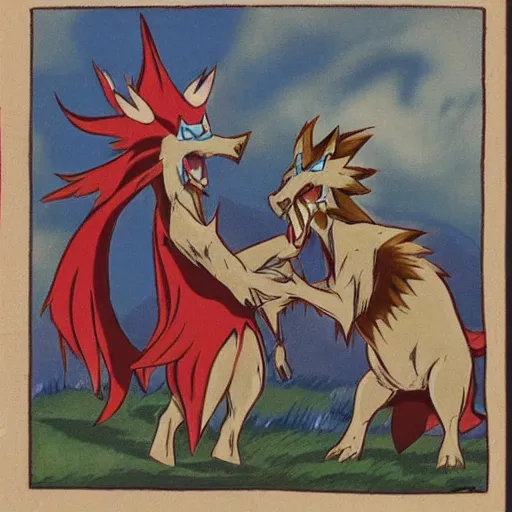 Prompt: angry crowned zacian gnawing at calyrex's body while glastrier watches crying