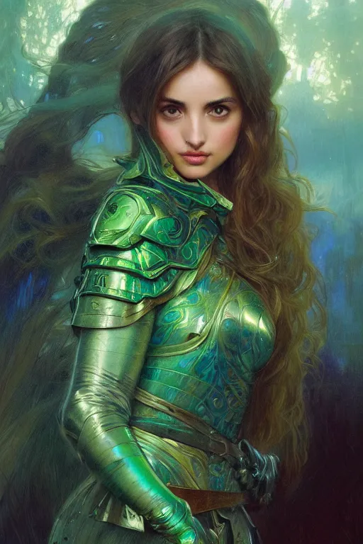 Prompt: Ana de Armas wearing iridescent green opal armor, fantasy, intricate, cinematic lighting, highly detailed, beautiful, digital painting, artstation, masterpiece, concept art, smooth, sharp focus, illustration, art by Artgerm and Greg Rutkowski and Alphonse Mucha and william-Adolphe Bouguereau