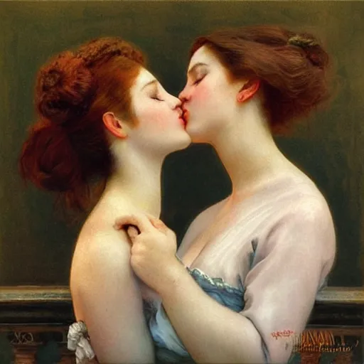 Image similar to Two beautiful women leaning in for a kiss, vertical symmetry, vintage shading, romance, photorealistic, highly detailed, by Ilya Repin and artgerm