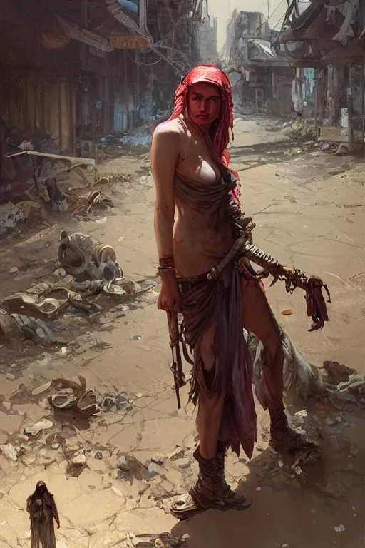 Image similar to a full body portrait of a beautiful post apocalyptic offworld butchers district bedouin blind pulp fiction scarlet wild rogue barbarian leper begging by the roadside, intricate, elegant, highly detailed, digital painting, artstation, concept art, smooth, sharp focus, illustration, art by krenz cushart and artem demura and alphonse mucha