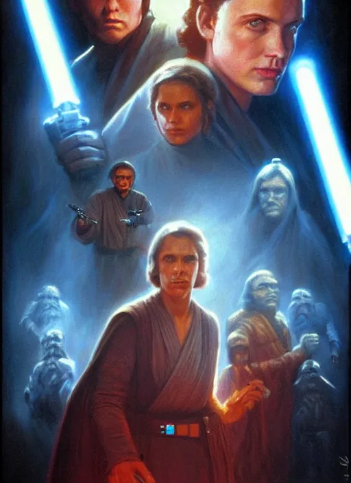 Image similar to epic cinematic poster artwork for featuring portraits for lost star wars film 1 9 9 0 moody painting by drew struzan, beautiful backlit, epic award winning, artstation, extremely detailed, photorealistic, 4 k