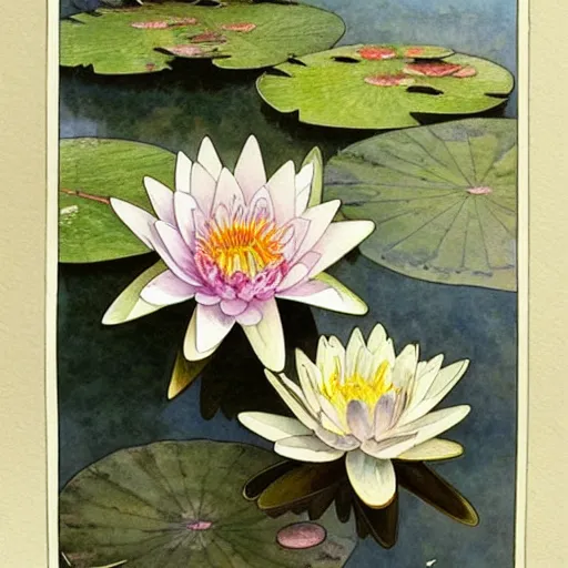 Prompt: a beautifull intricate watercolor painting of water lilies, reflexions, verry high details by william turner art, greg rutkowski and alphonse mucha, trending on artstation, very very detailed, masterpiece, - h 7 0 4