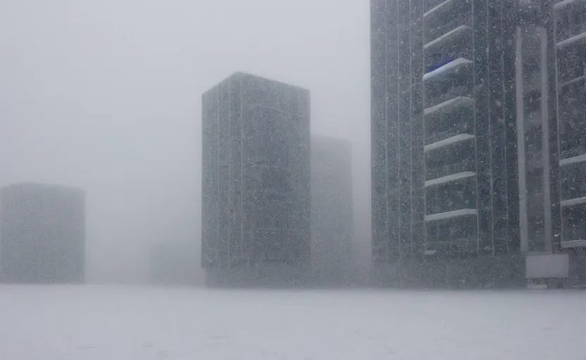 Image similar to snow falling on brutalist high rise buildings, complex ramps, balconies, stairways, white marble statues on pedestals in the background, depth of field, sharp focus, clear focus, beautiful, award winning architecture, le corbusier, frank lloyd wright, snow, fog, mist, hopeful, quiet, calm, serene